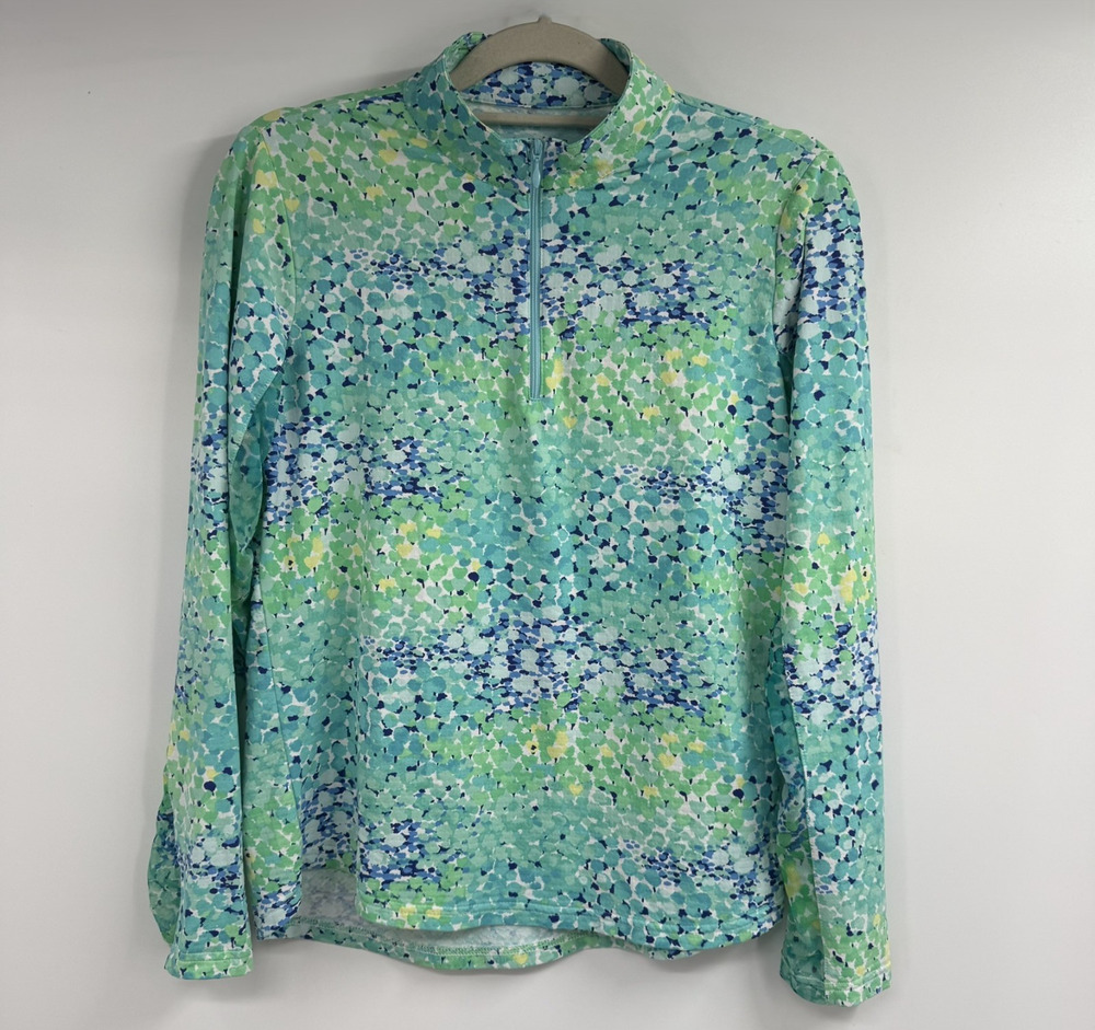 Icikuls Pixel Mosaic 1/4 Zip Golf Shirt Women M Green Long Sleeve Mesh Mock Neck